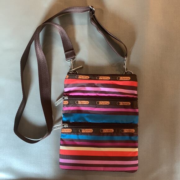LeSportsac Crossbody Bag Multicolor Stripes Zippered Pockets - Picture 2 of 7